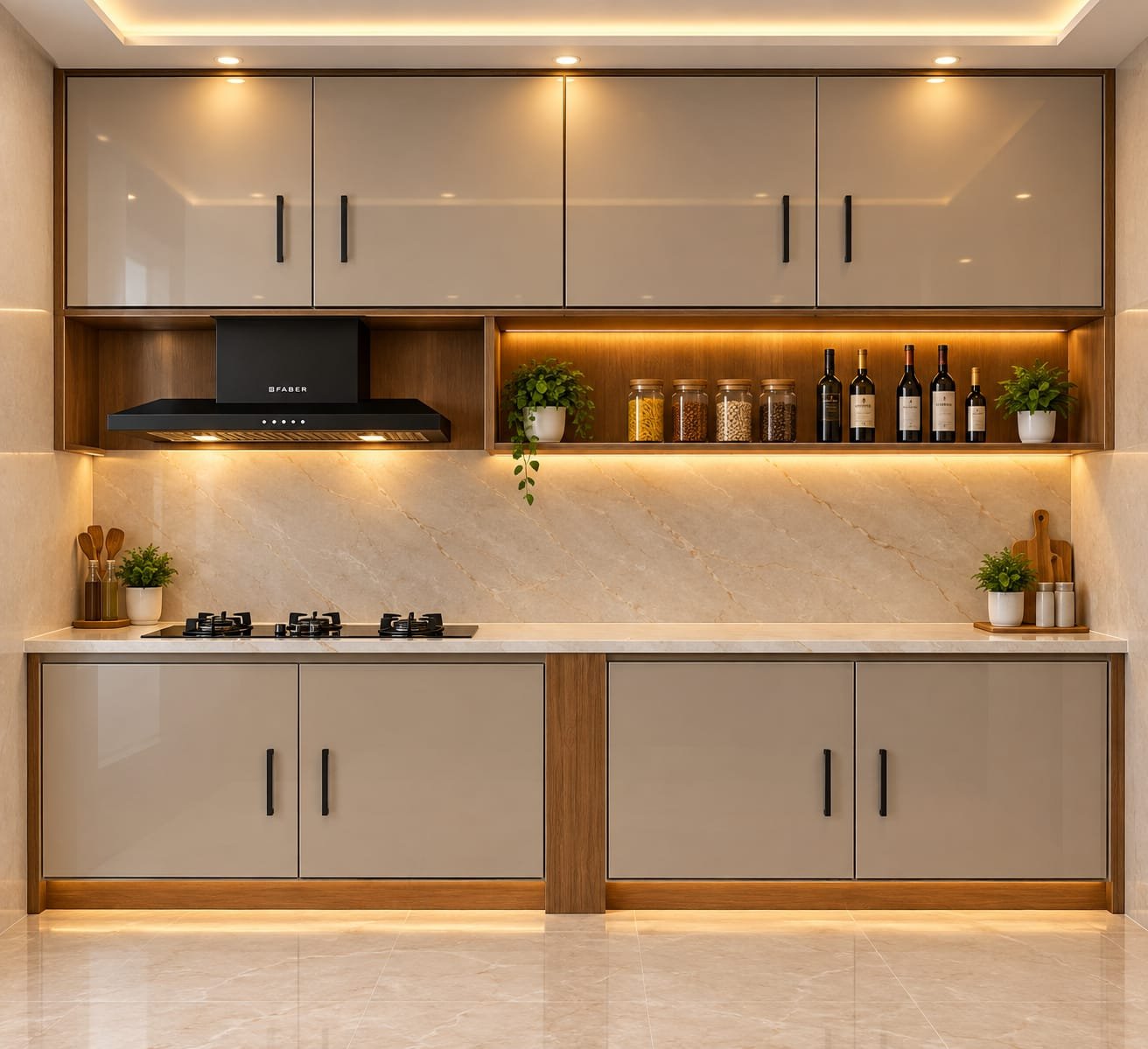 Modular kitchen with timber frames and stone backsplash
