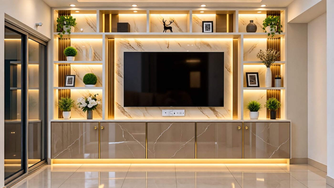 Marble-look TV wall with display shelves